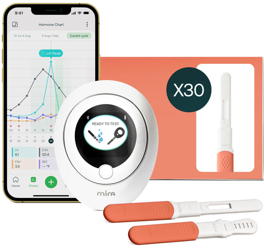 Mira kit frontal mostrando monitor y 30 tiras para seguimiento hormonal detallado