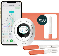 Mira kit frontal mostrando monitor y 30 tiras para seguimiento hormonal detallado