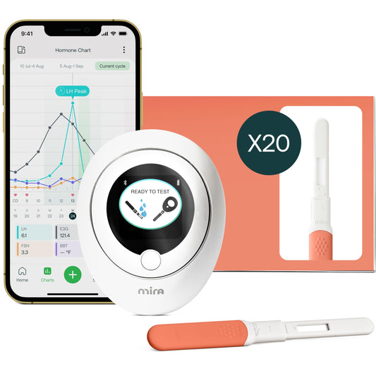 Mira empaque frontal del kit mostrando monitor y 20 wands para seguimiento hormonal