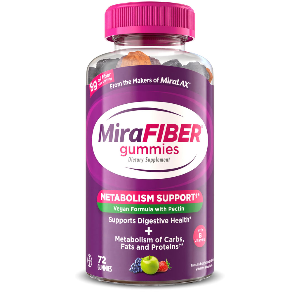 MiraFIBER frente del envase que muestra 72 gominolas y beneficios