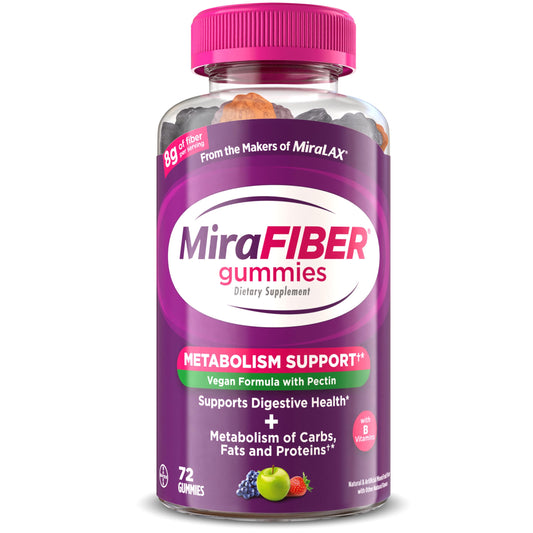 MiraFIBER frente del envase que muestra 72 gominolas y beneficios