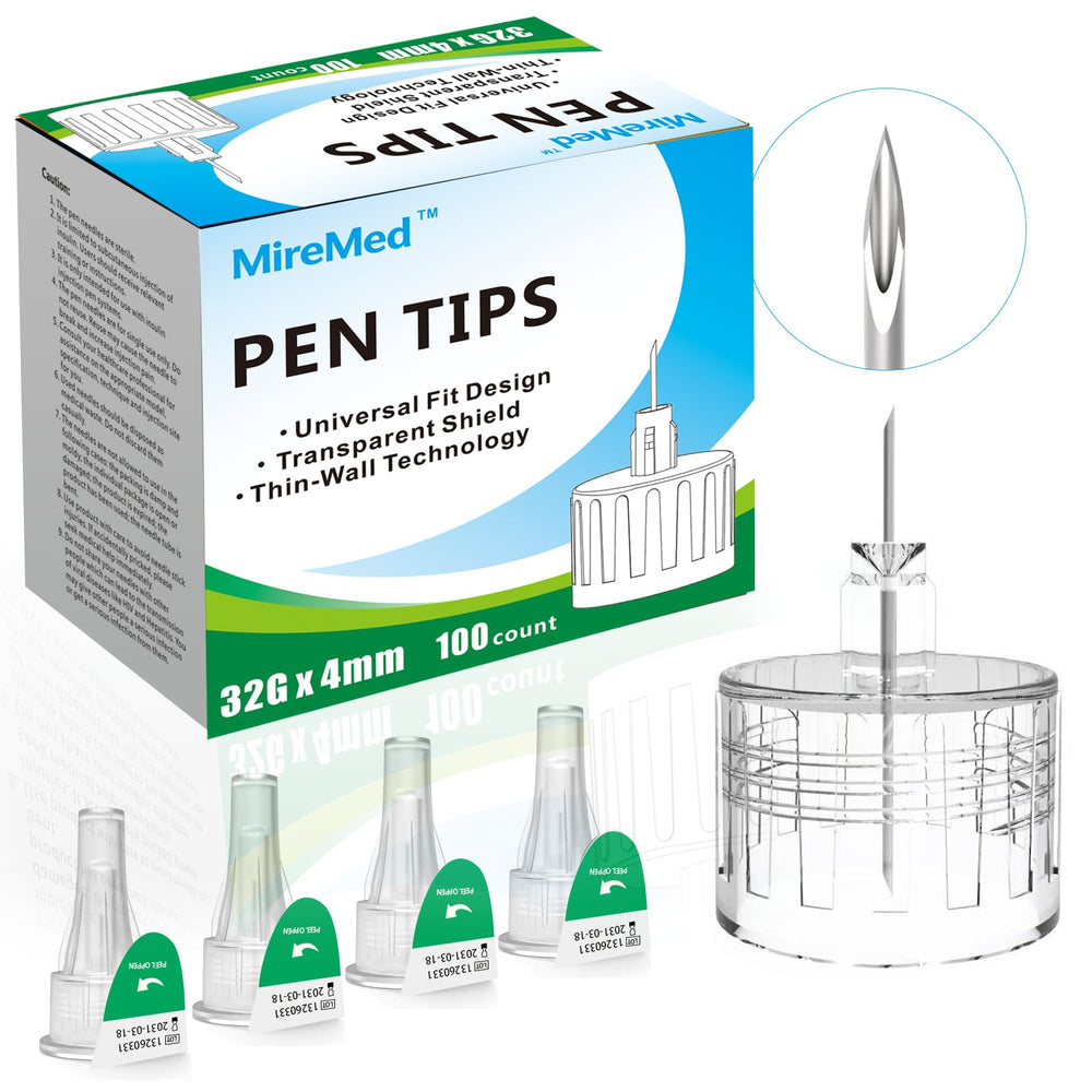 MireMed paquete frontal mostrando 100 puntas, almacenamiento seguro