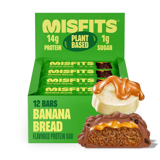 Misfits paquete frontal de barra banana bread mostrando sabor y conveniencia