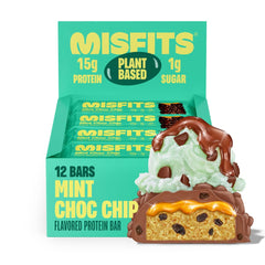 Misfits vista frontal del empaque mostrando sabor menta chocolate y beneficios