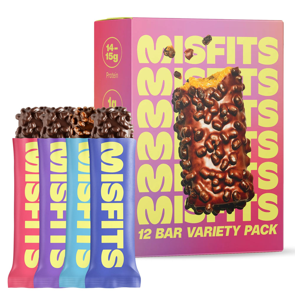 Misfits empaque frontal mostrando variedad de sabores y conveniencia