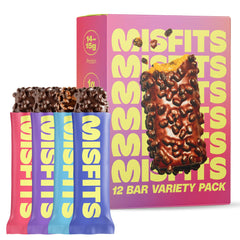 Misfits empaque frontal mostrando variedad de sabores y conveniencia