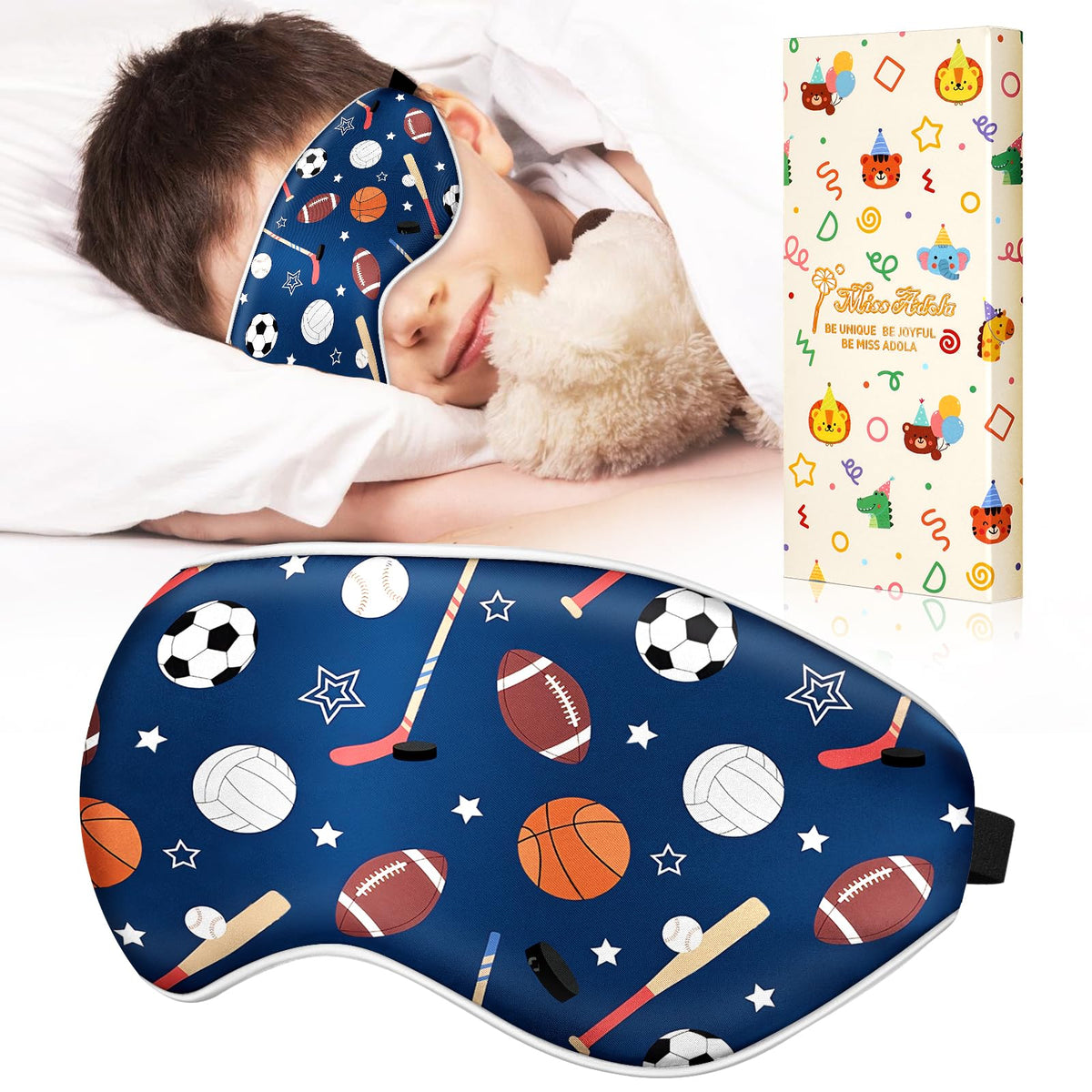 Miss Adola máscara de sueño de seda 19 momme con motivo de juego de balón azul para dormir