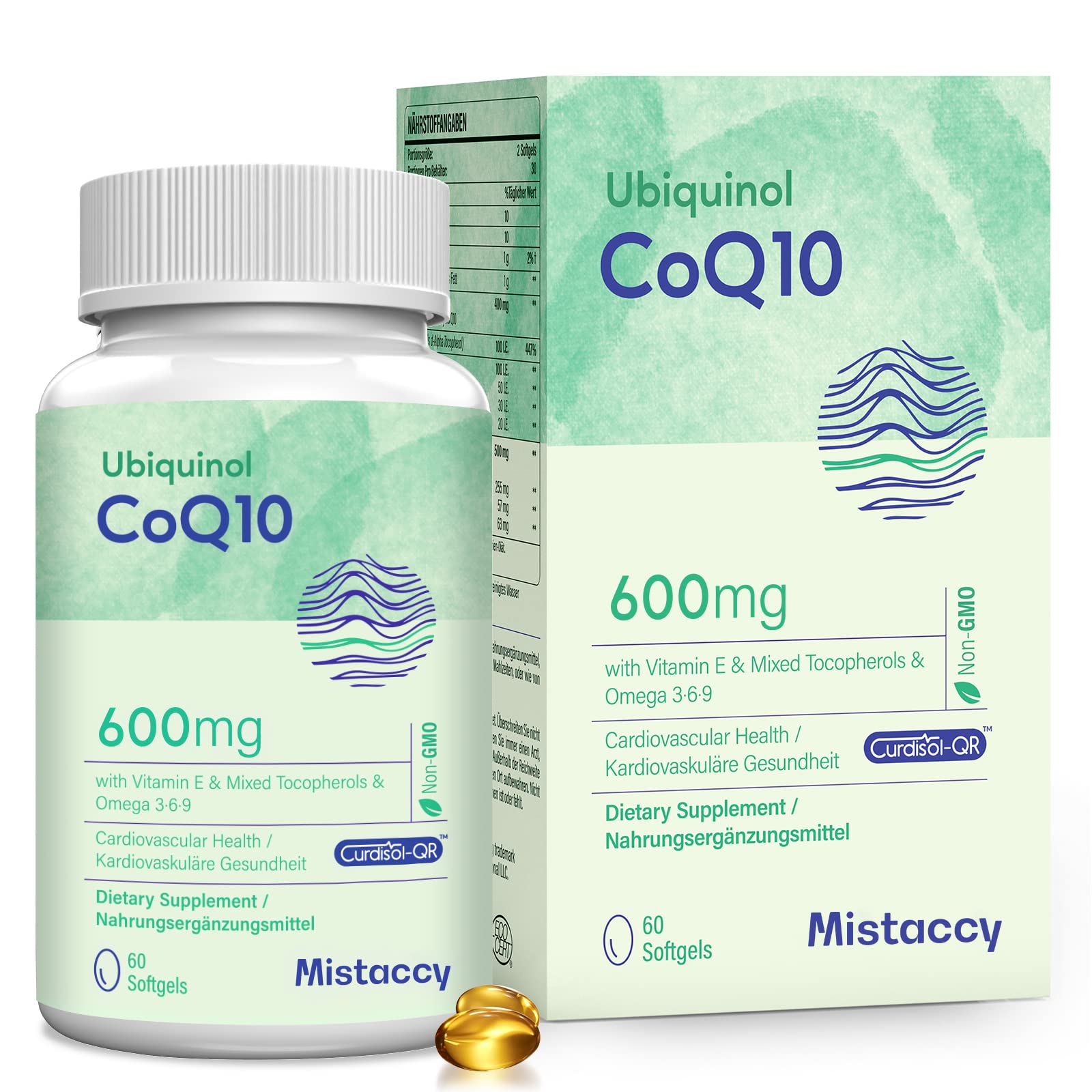 Mistaccy frasco frontal de CoQ10 600 mg mostrando diseño y cantidad