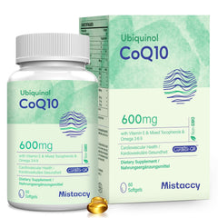 Mistaccy frasco frontal de CoQ10 600 mg mostrando diseño y cantidad
