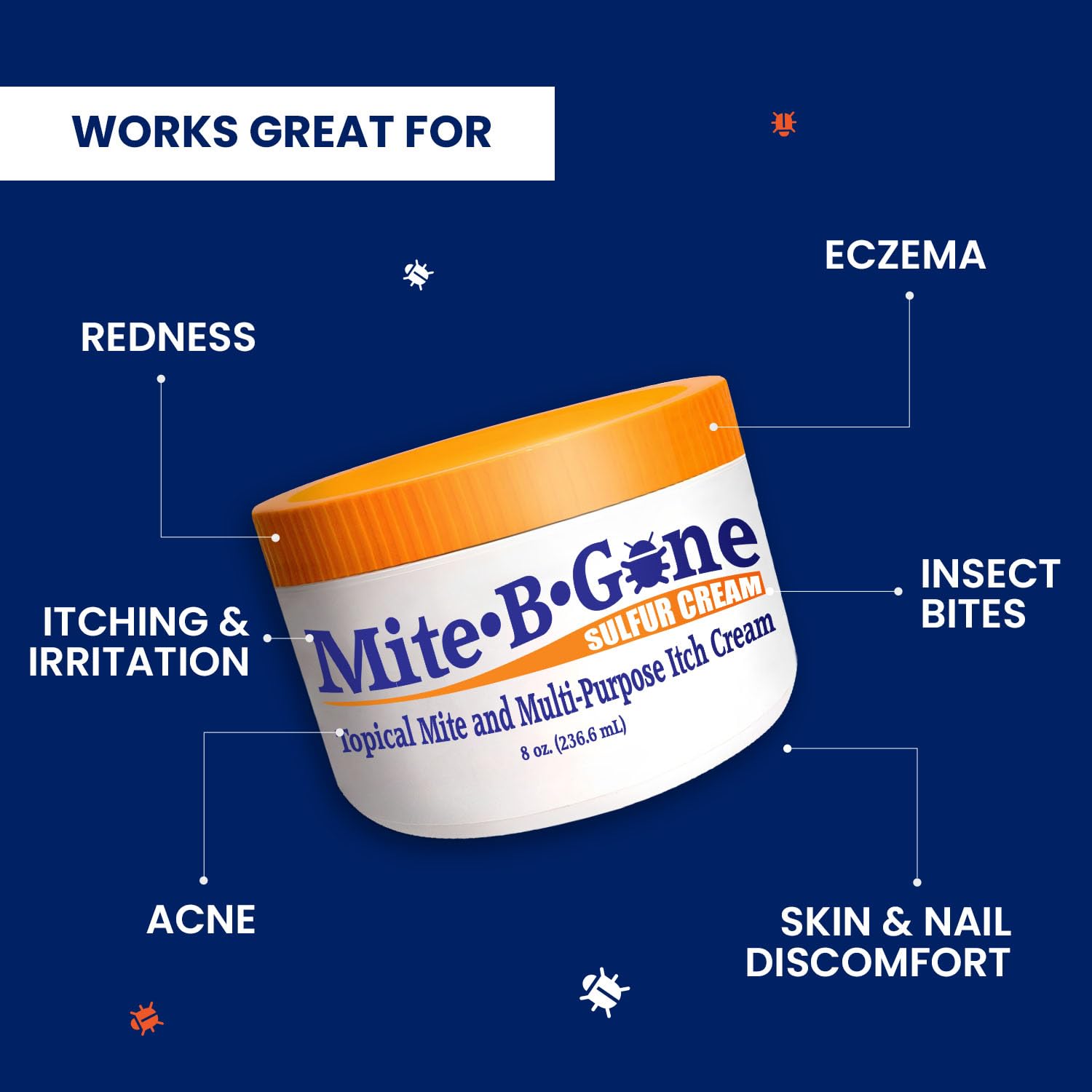 Mite-B-Gone crema aplicada en la mano, alivio tópico inmediato y cómoda aplicación