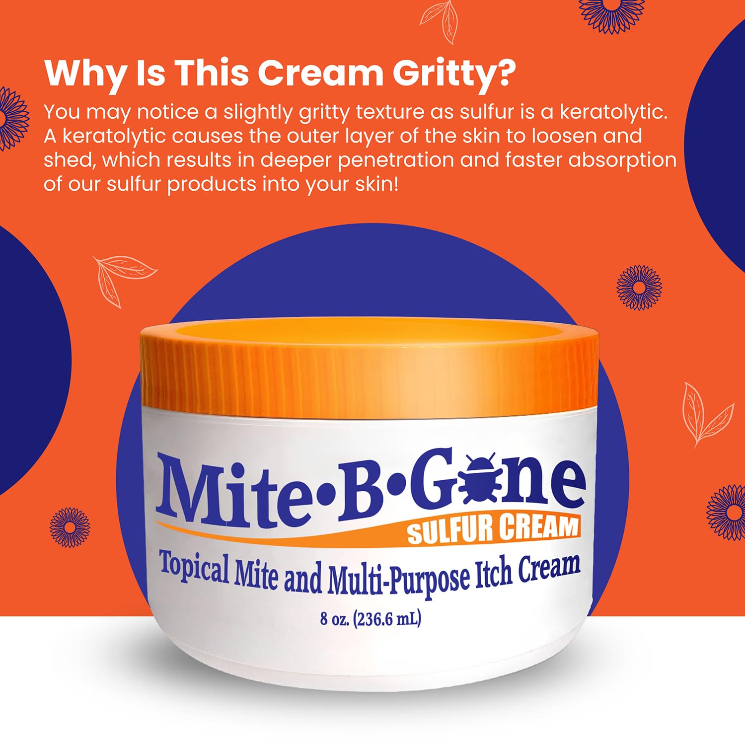 Mite-B-Gone etiqueta con ingredientes y dirección, transparencia y calidad Made in USA