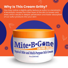 Mite-B-Gone etiqueta con ingredientes y dirección, transparencia y calidad Made in USA