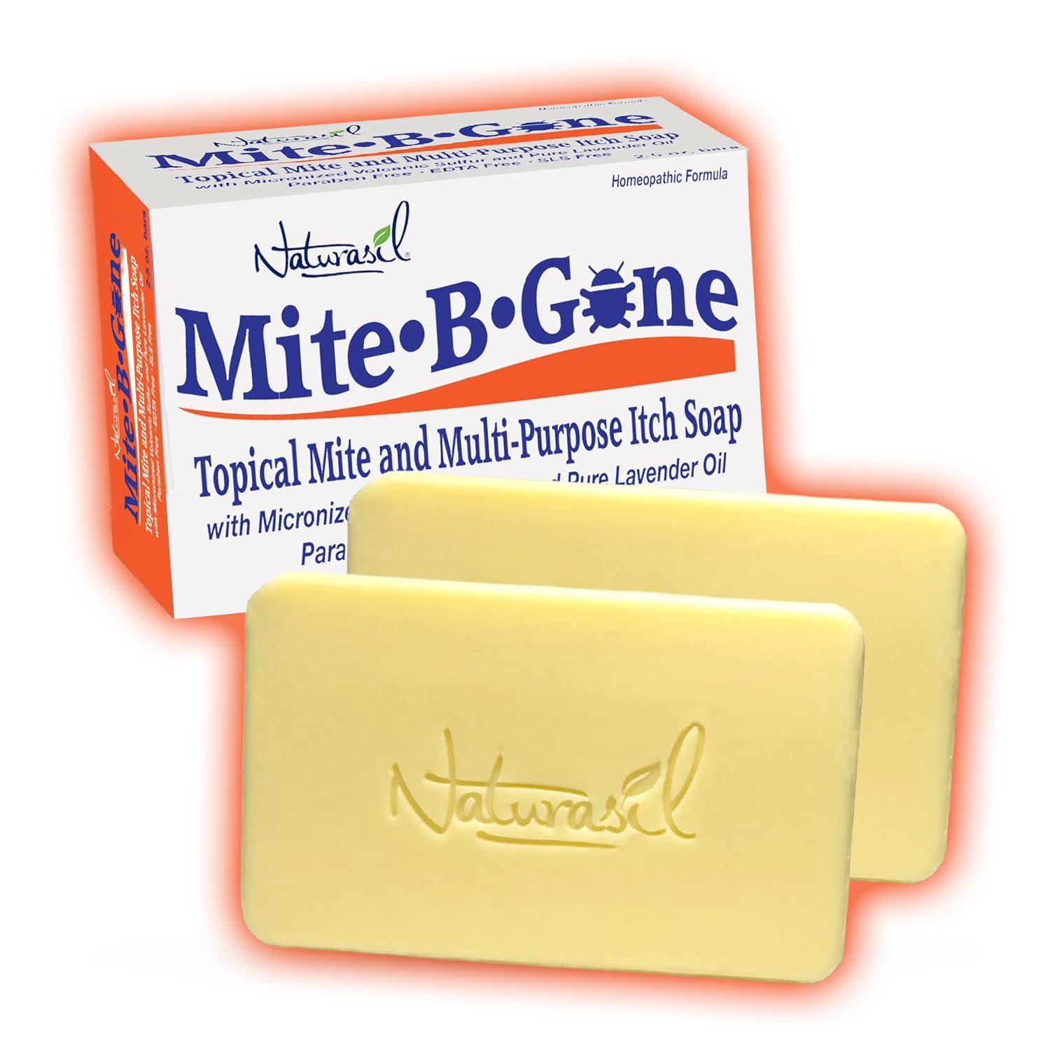 Mite-B-Gone frontal del empaque mostrando barras y beneficios calmantes