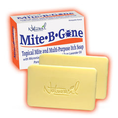 Mite-B-Gone frontal del empaque mostrando barras y beneficios calmantes