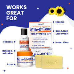 Mite-B-Gone textura de azufre micronizado resaltando acción tópica