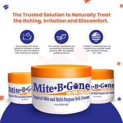 Mite-B-Gone crema extendida en brazo mostrando efecto calmante
