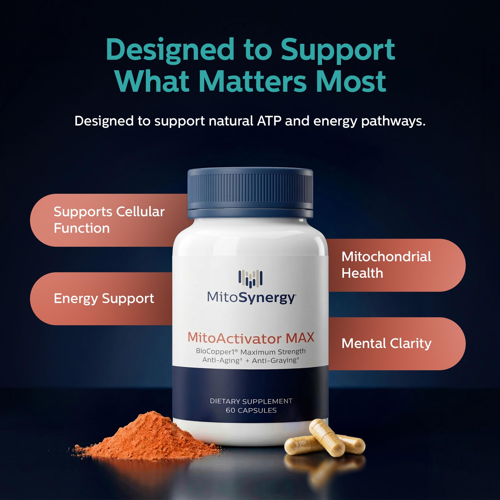 Adulto tomando MitoSynergy en rutina diaria para apoyo de energía y claridad mental