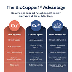 Etiqueta de MitoSynergy con ingredientes BioCopper1 y ventaja de bio-disponibilidad