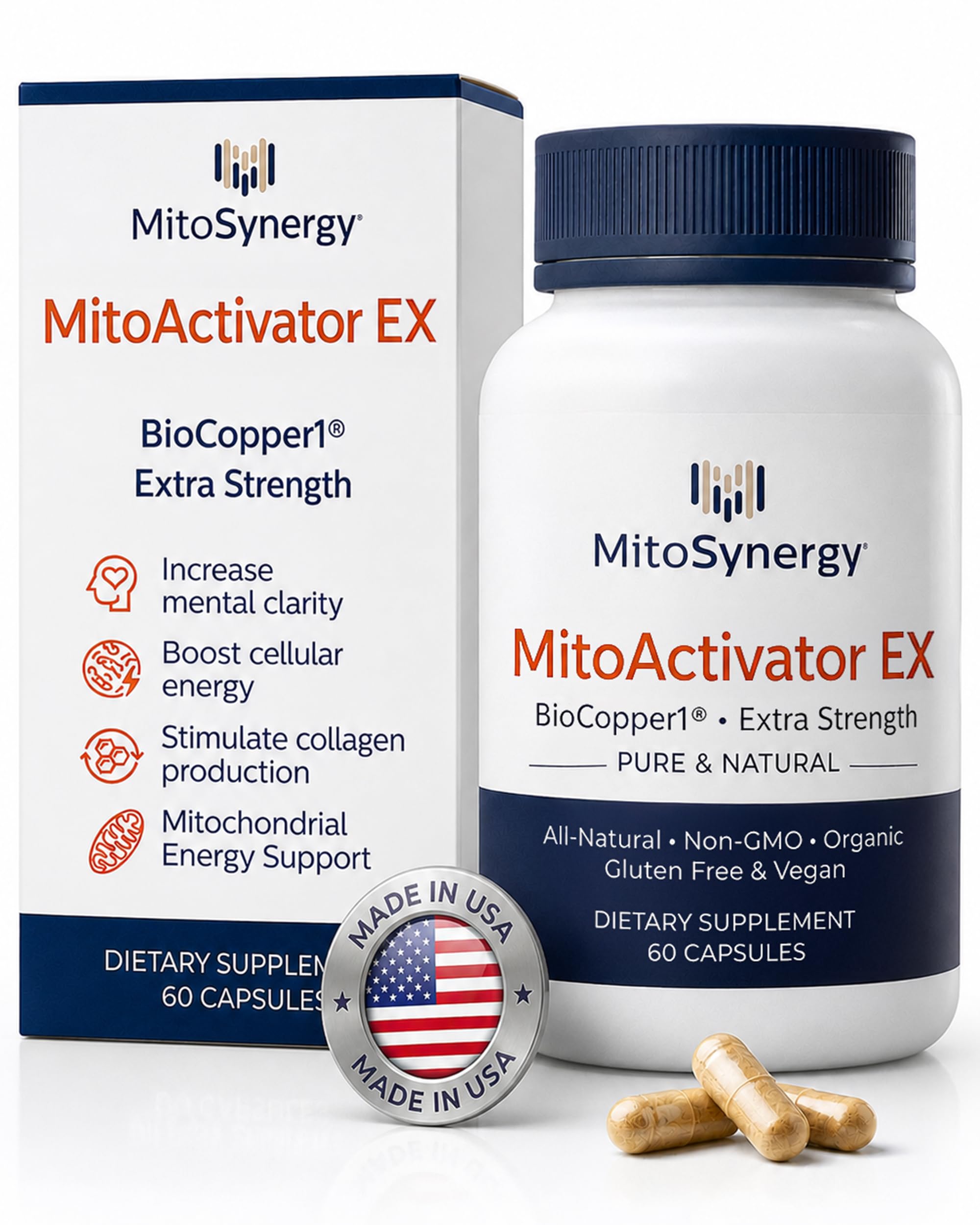 MitoSynergy frasco delante mostrando etiqueta clara y beneficio de energía