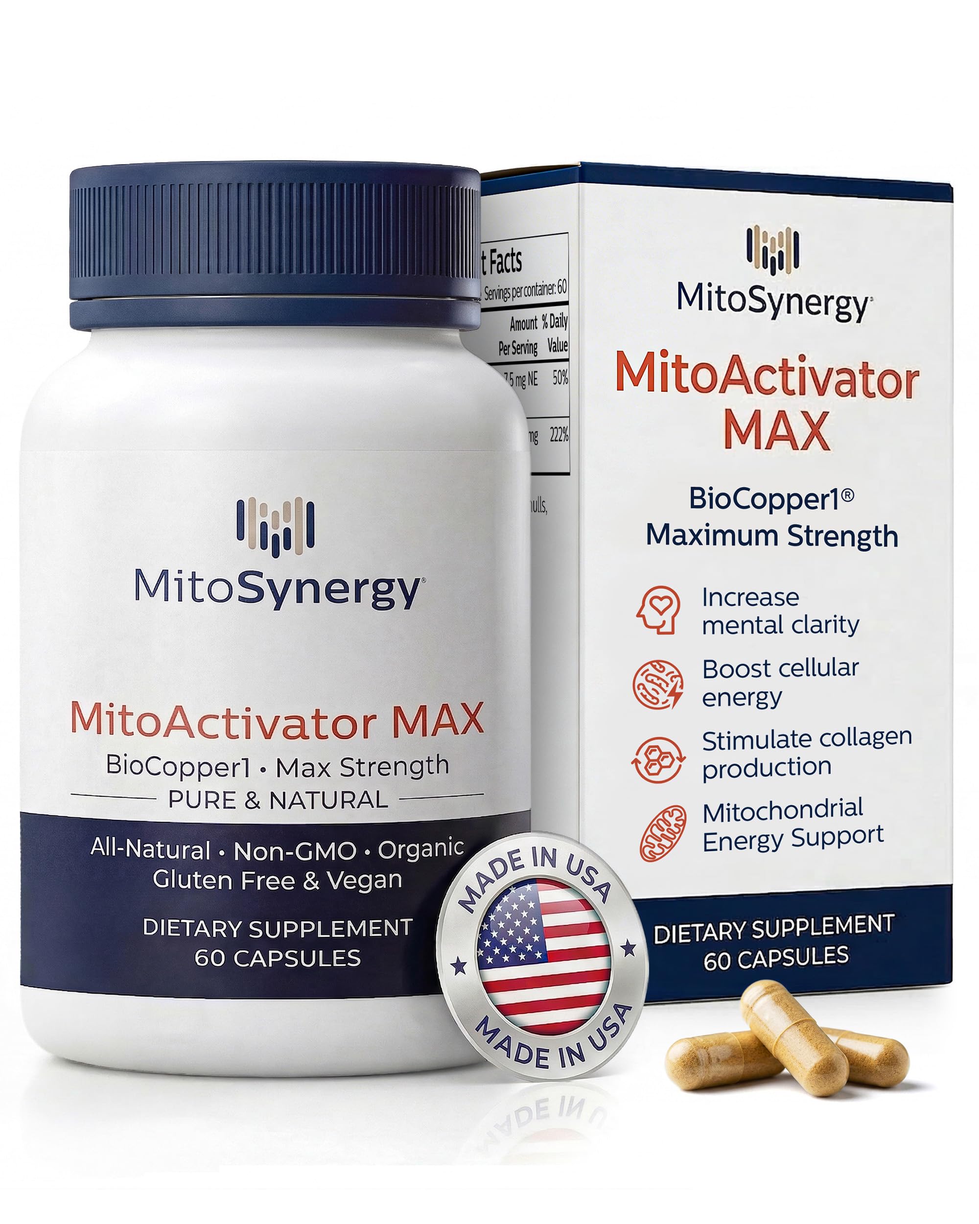 MitoSynergy frasco frontal mostrando 60 cápsulas y beneficio de dosificación diaria