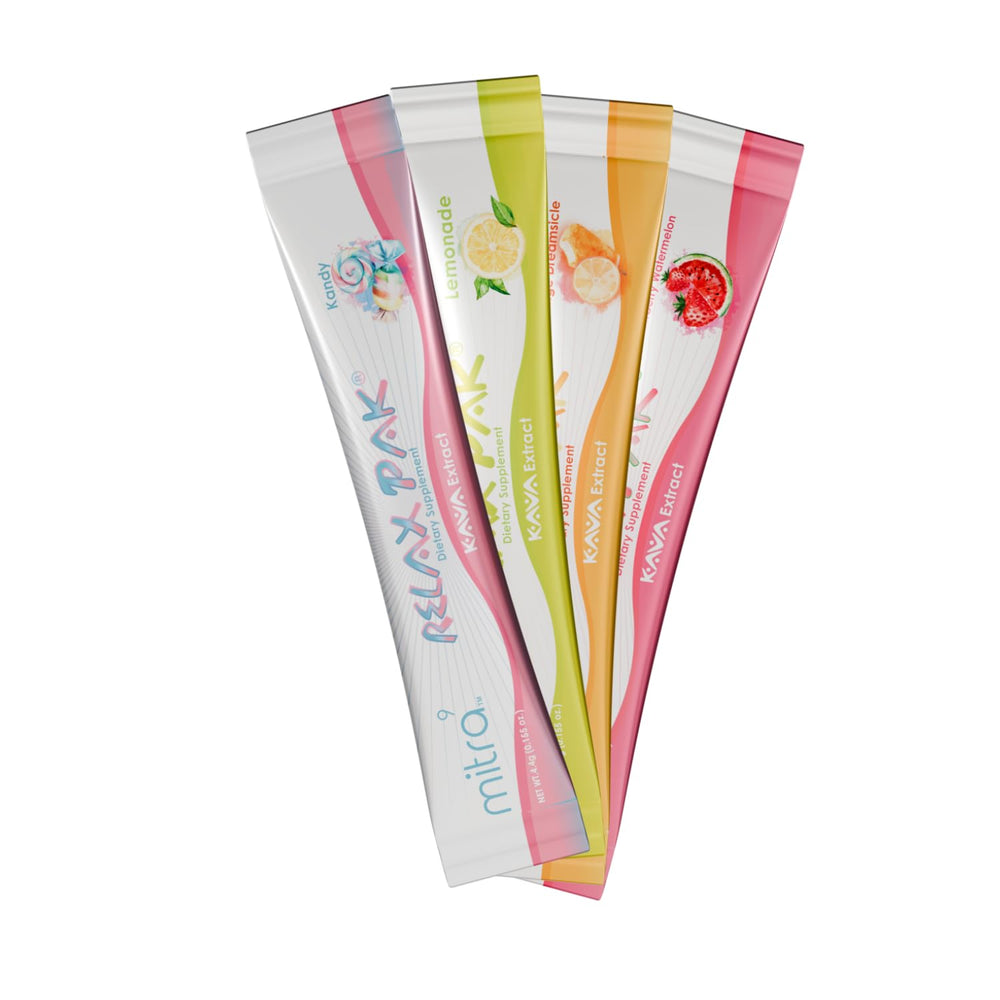 Mitra9 RelaxPak single-serving stick opened, ready to mix for fast, non-alcoholic relaxation.