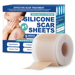 Mitreal empaque frontal mostrando rollo de silicona y dimensiones, protege cicatrices eficazmente