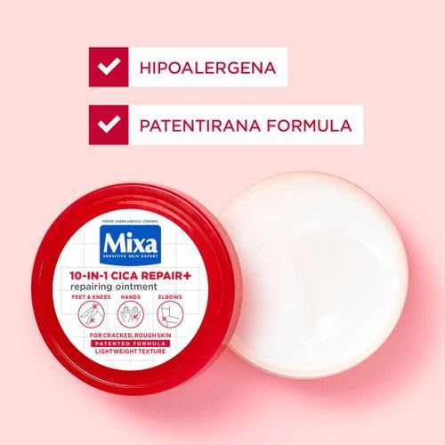 Primer plano de la etiqueta Mixa con ingredientes clave y beneficios