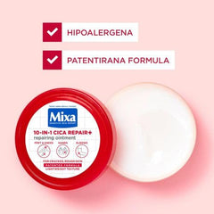 Primer plano de la etiqueta Mixa con ingredientes clave y beneficios