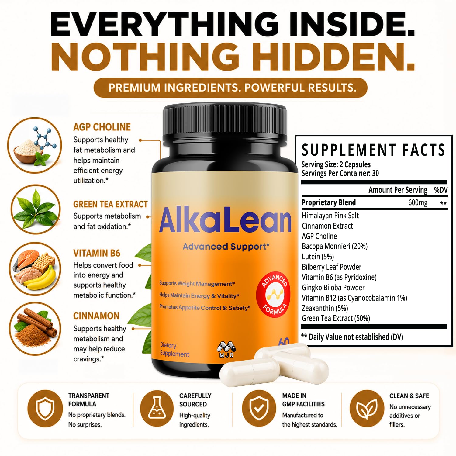 MJO Alkalean etiqueta con lista de ingredientes y control de calidad visible