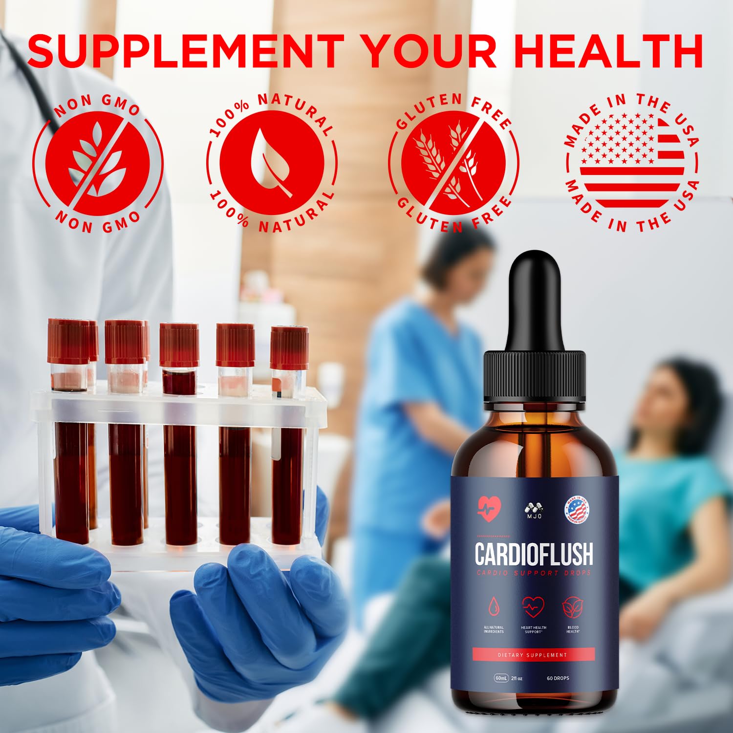 MJO Cardioflush junto a una regla para escala, muestra tamaño real del frasco
