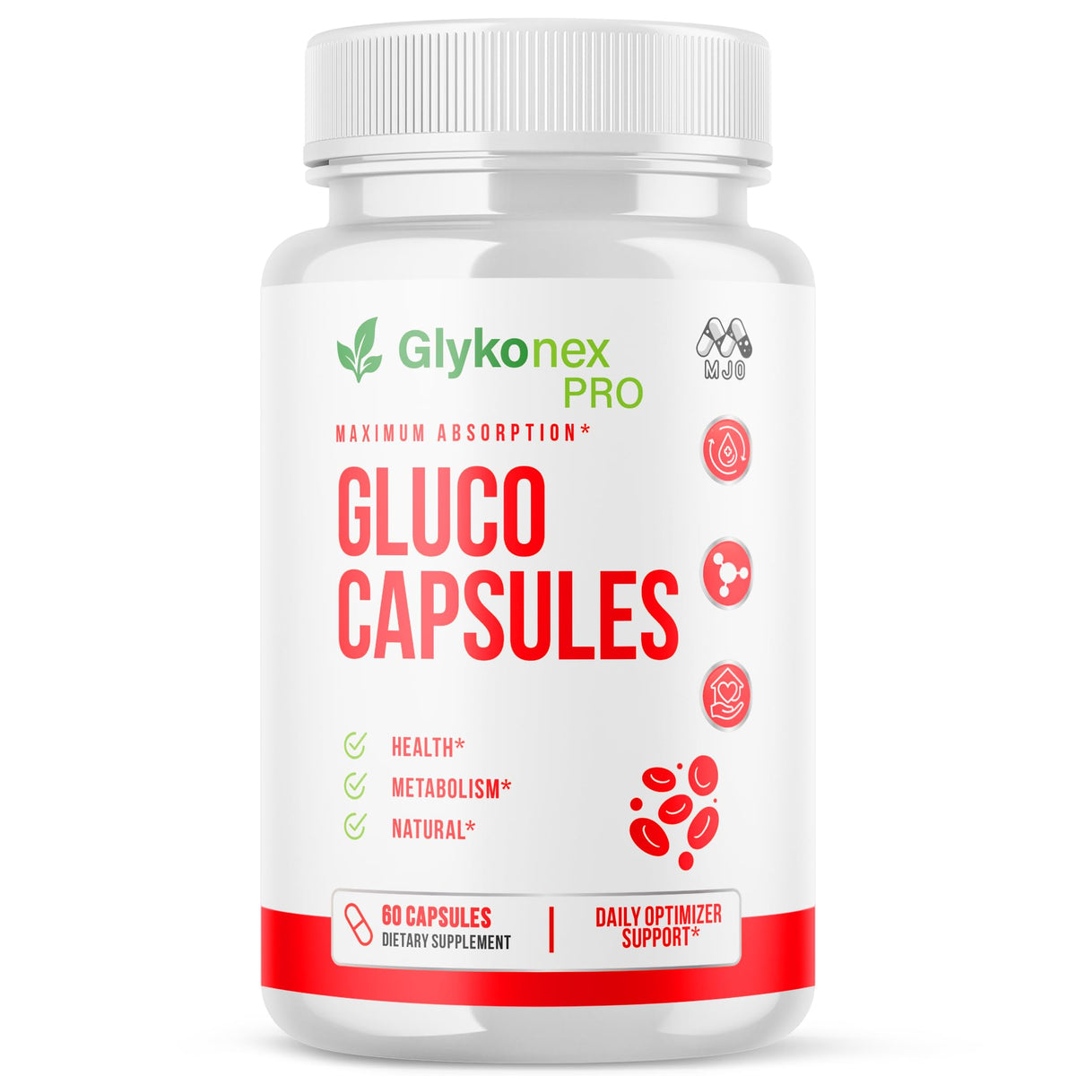 MJO envase frontal de Gluco Capsules mostrando presentación y beneficio práctico