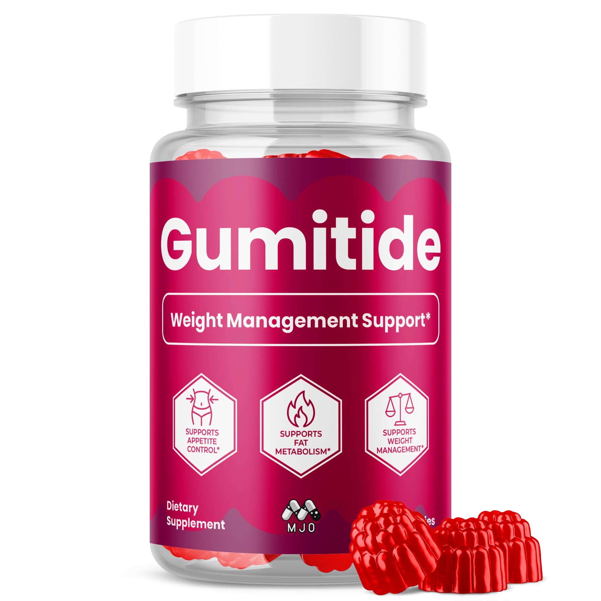 MJO frasco frontal de Gumitide Gummies mostrando la presentación y beneficio de conveniencia