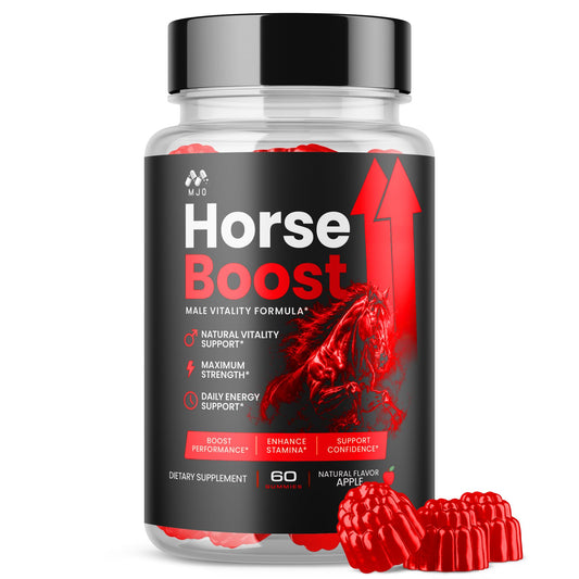MJO Horse Boost frente del frasco mostrando diseño y beneficios