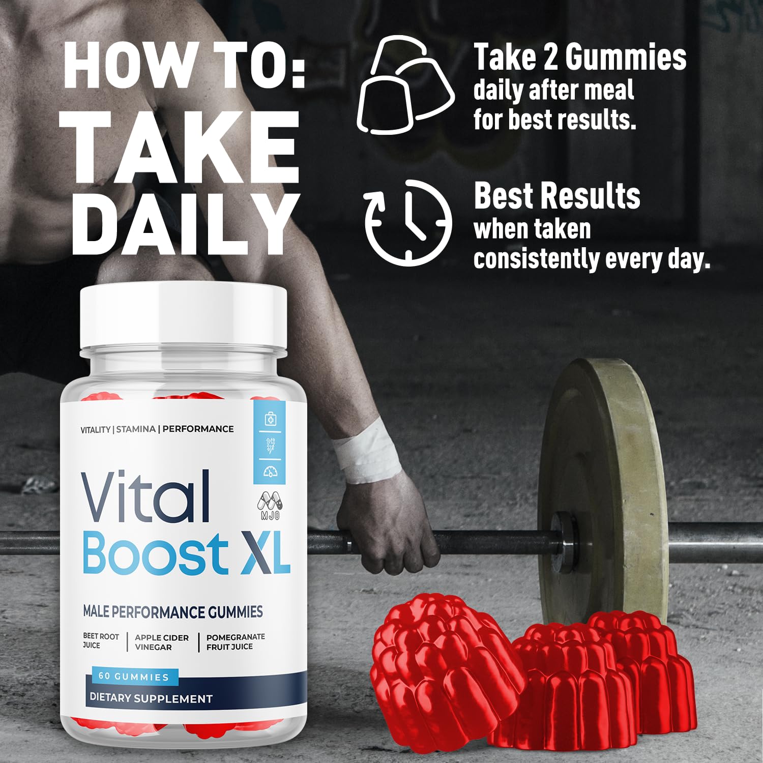 MJO Vital Boost XL mano sosteniendo gomitas para uso diario fácil