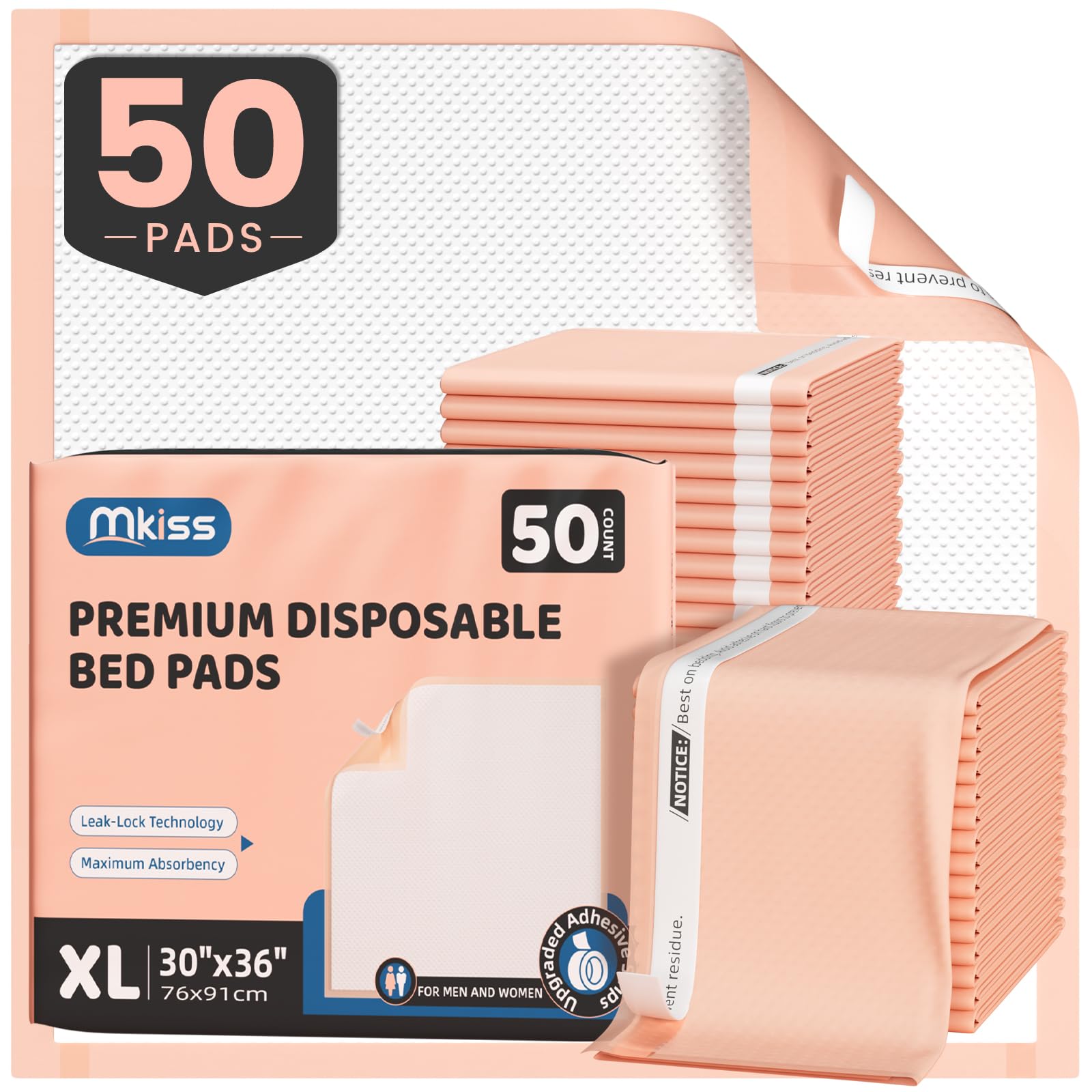 MKISS empaque frontal mostrando paquete de 50 almohadillas y tamaño grande