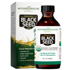 Mother Nature Organics botella frontal mostrando aceite orgánico, calidad visible
