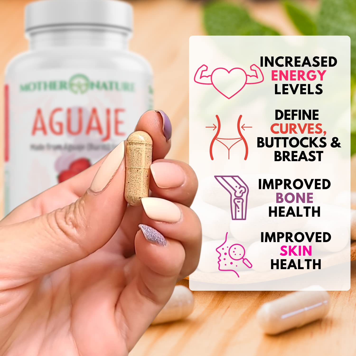 Mano sosteniendo frasco de Mother Nature Organics para comparar tamaño y facilidad