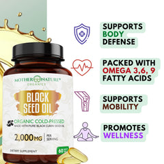 Mother Nature Organics etiqueta nutricional y estandarización 2% timoquinona visible