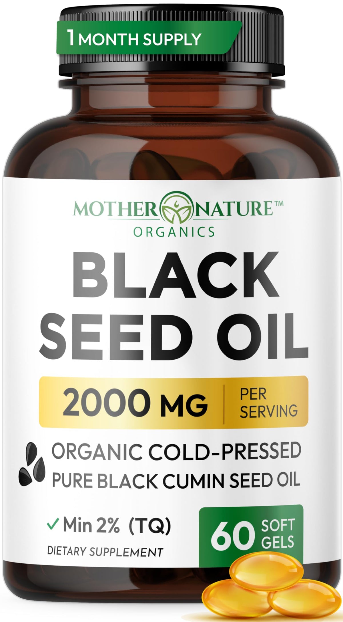 Mother Nature Organics frasco frontal que muestra cápsulas y marca, presentación clara