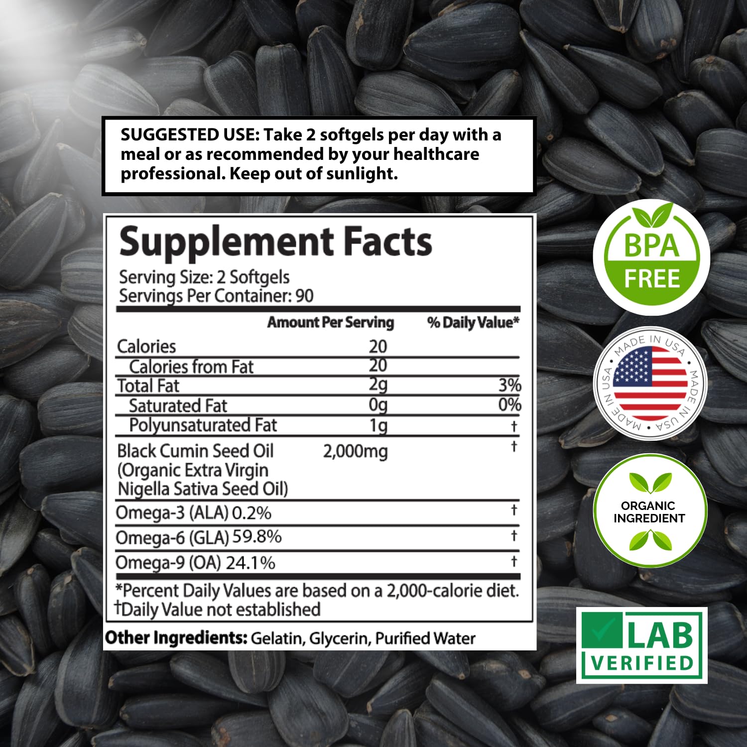 Mother Nature Organics etiqueta con ingredientes y estandarización 2% TQ