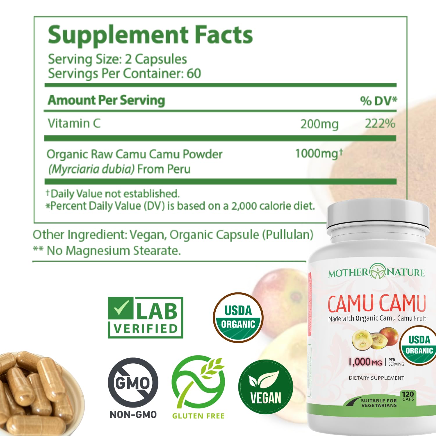 Mother Nature Organics etiqueta con información de ingredientes y certificados