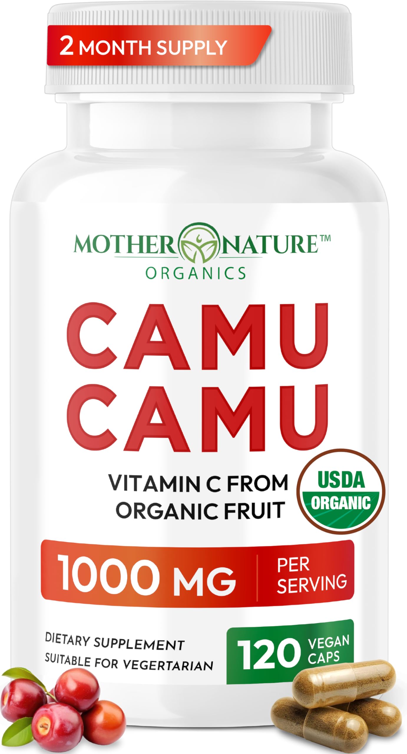 Mother Nature Organics frasco delantero mostrando etiqueta y beneficios