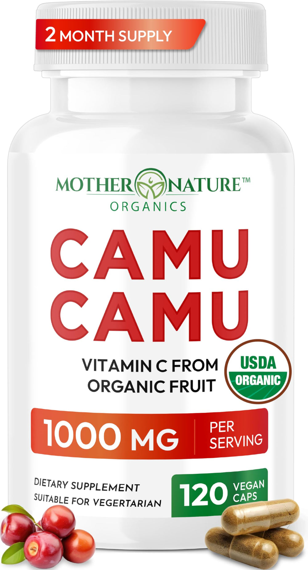 Mother Nature Organics frasco delantero mostrando etiqueta y beneficios
