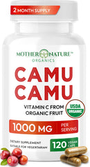 Mother Nature Organics frasco delantero mostrando etiqueta y beneficios