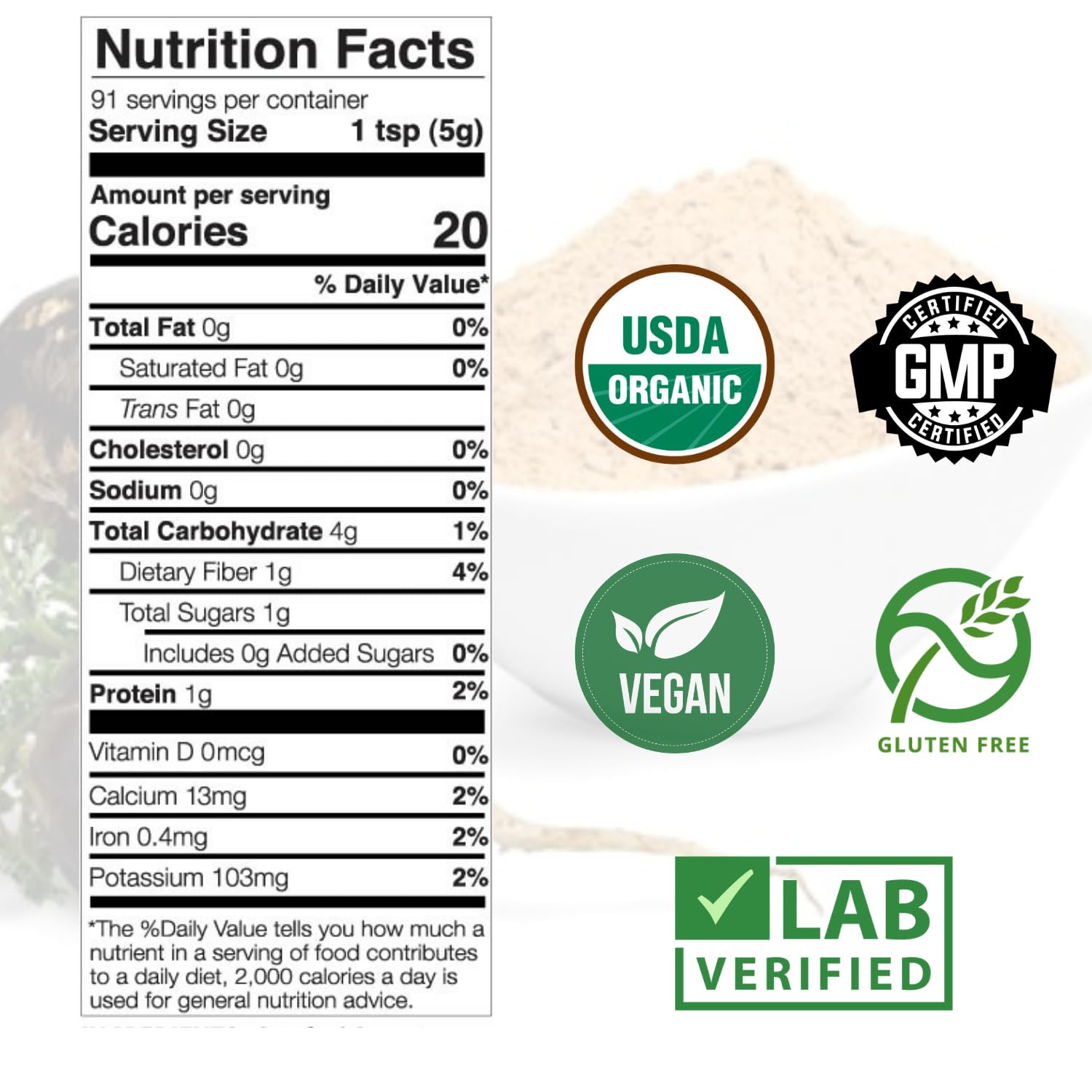 cucharada con polvo de maca negra Mother Nature Organics, porción práctica y fácil de medir