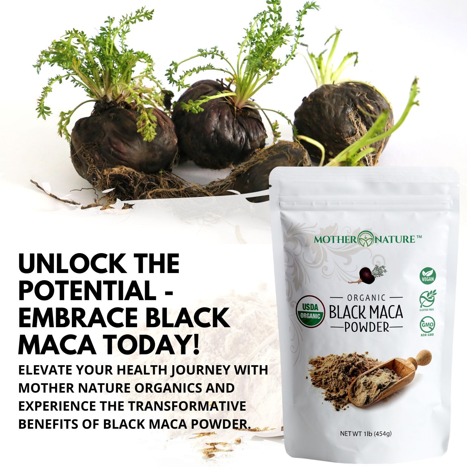 detalle de raíz de maca andina junto al producto, Mother Nature Organics, origen peruano visible