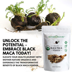 detalle de raíz de maca andina junto al producto, Mother Nature Organics, origen peruano visible