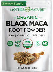 Mother Nature Organics envase frontal de maca negra, presentación clara y orgánica