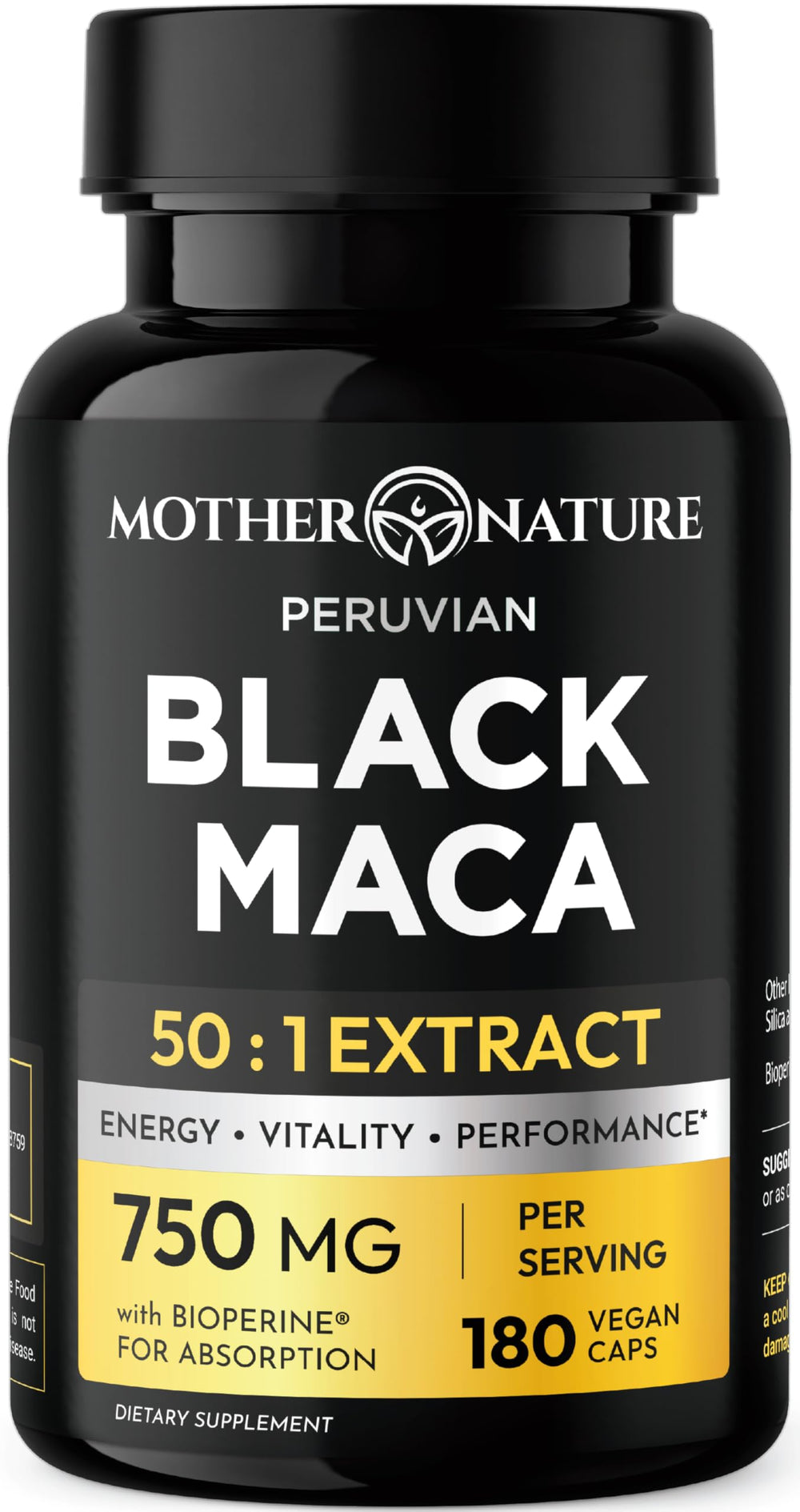 Mother Nature Organics envase frontal muestra maca negra orgánica, confianza y pureza
