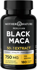 Mother Nature Organics envase frontal muestra maca negra orgánica, confianza y pureza